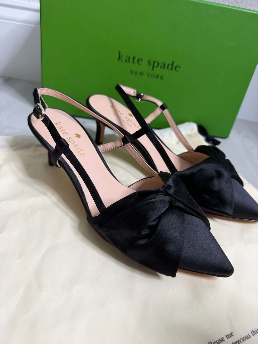 Kate Spade Marseille Black Satin Bow Slingback Pumps Size 5 $198 Retail